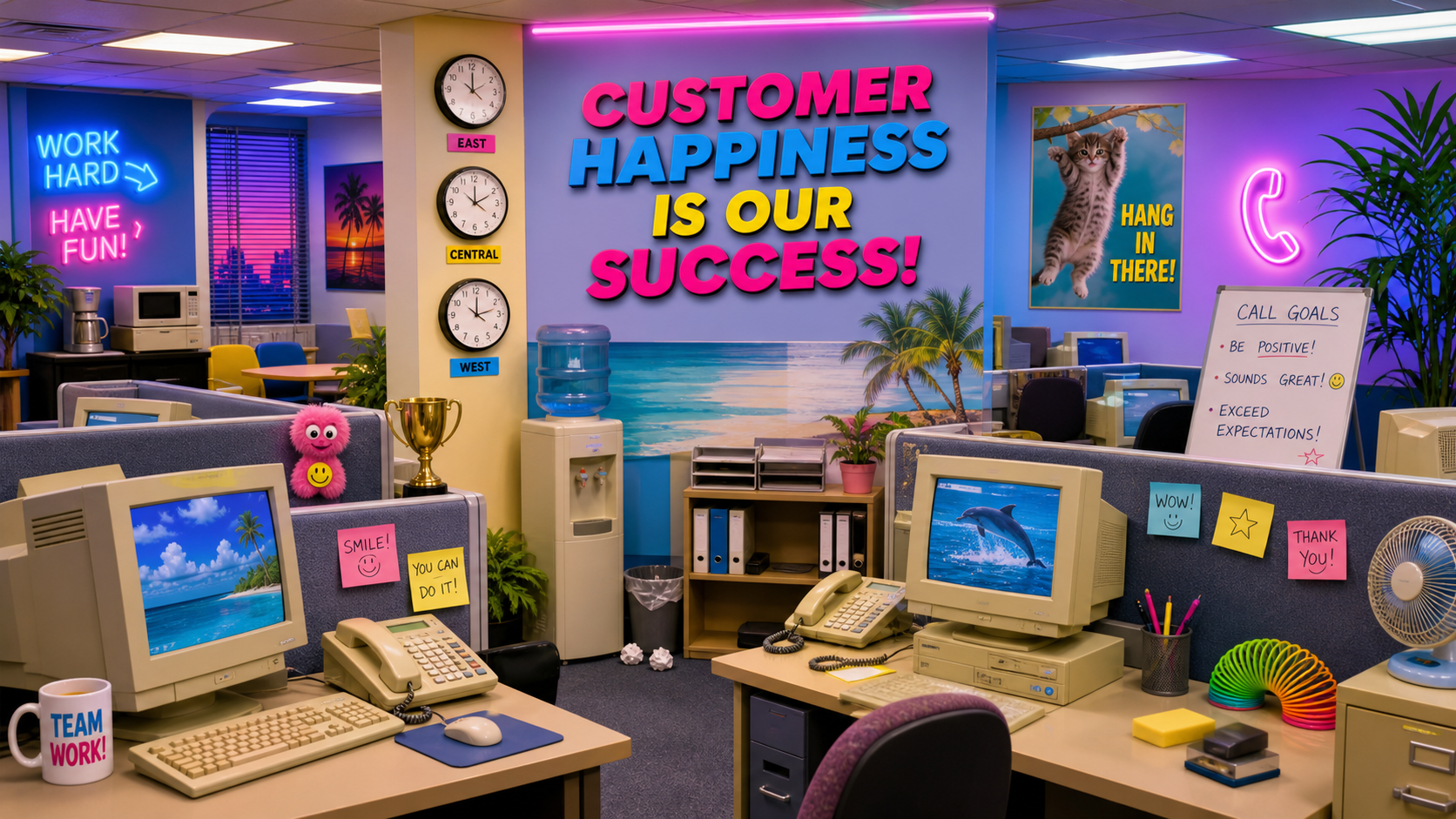 A deliberately tacky fictional call-centre office with old phones and computers.